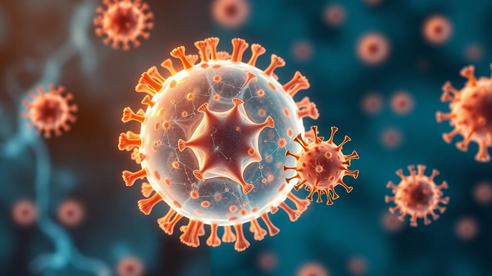 Wissenschaftliche Illustration: Lactoferrin-Molekül blockiert Viruspartikel (Influenza, RSV, Norovirus) an einer Wirtszelle